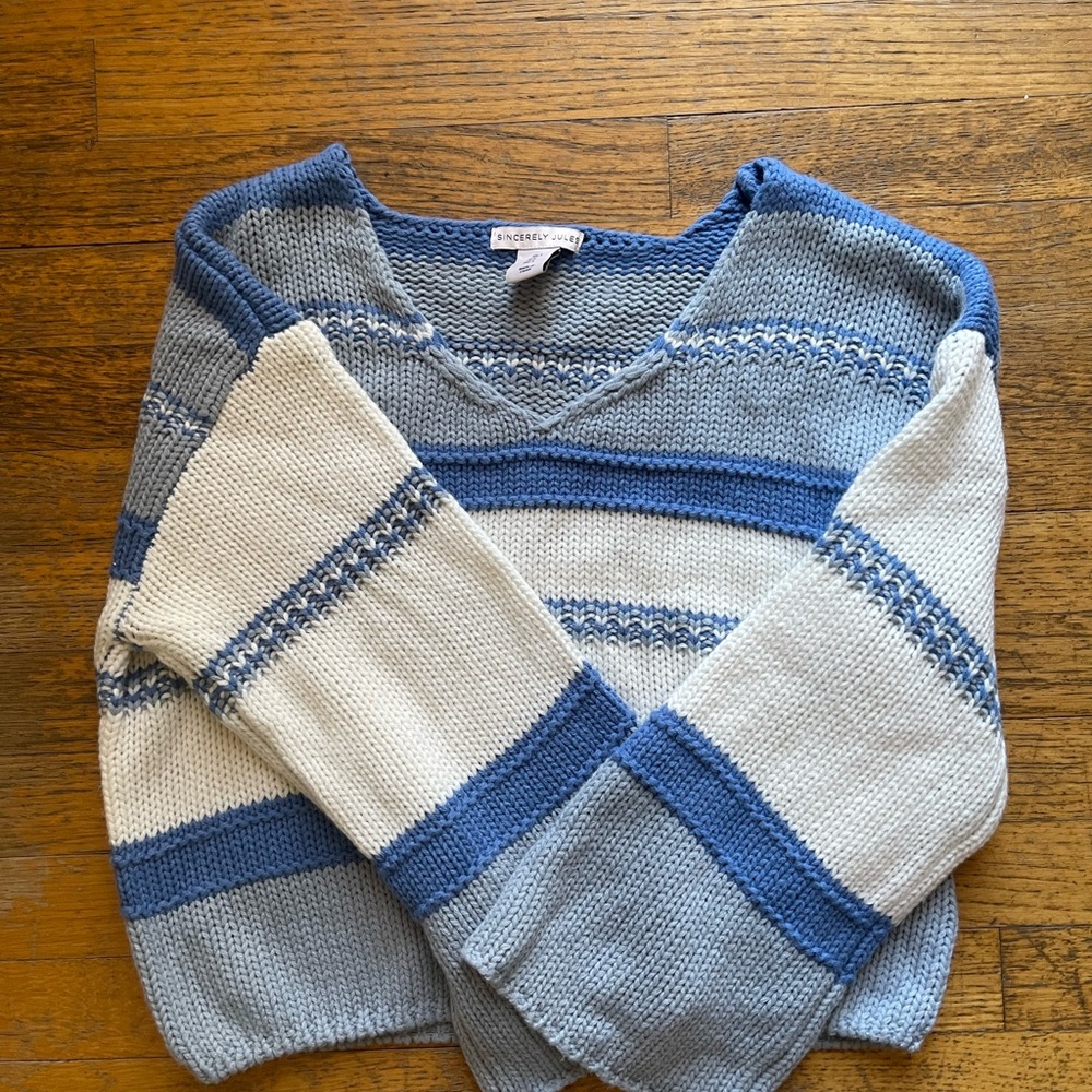 Altar'd State Blue and Cream V-Neck Sweater